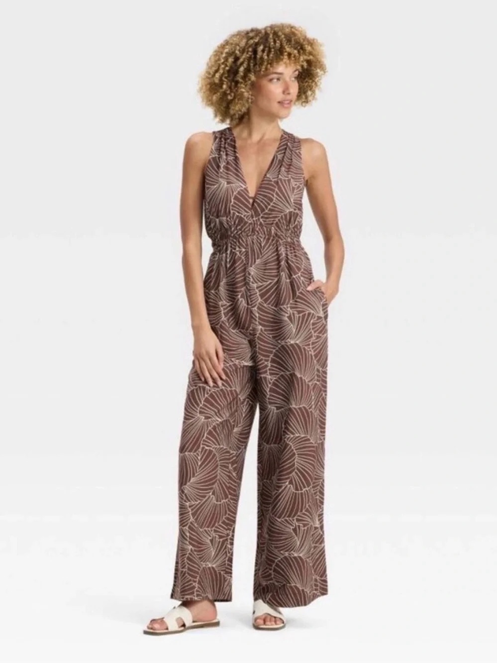 Sleeveless V-Neck Wide-Leg Jumpsuit In Brown Leaf Print